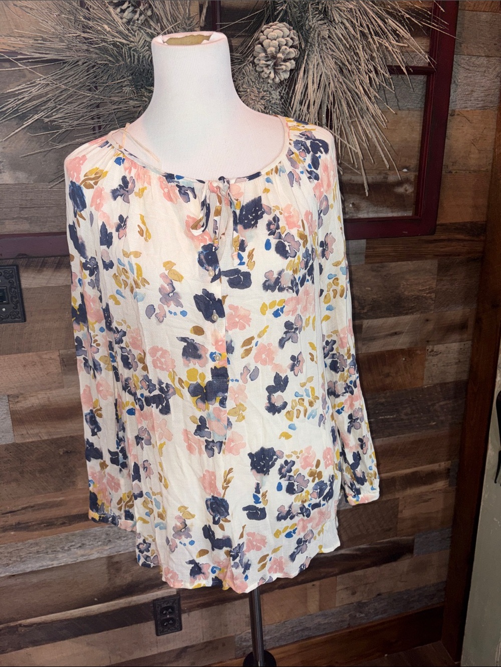 Lucky Brand Floral Peasant Blouse - White with Pink, Navy & Mustard